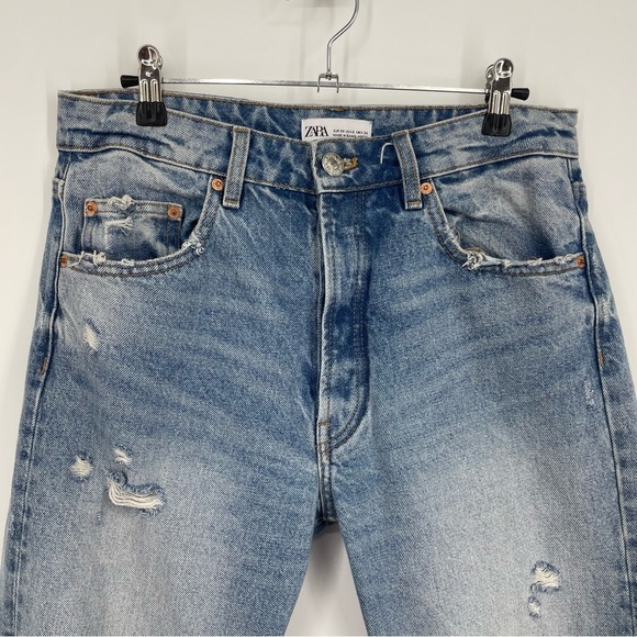Zara High Waist straight crop Leg Ripped Jeans distressed Sz 6 - Picture 2 of 9